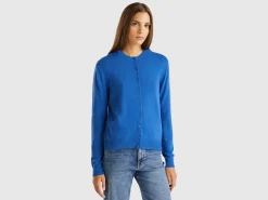 Air force blue crew neck cardigan in pure Merino wool