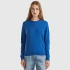 Air force blue crew neck sweater in pure Merino wool