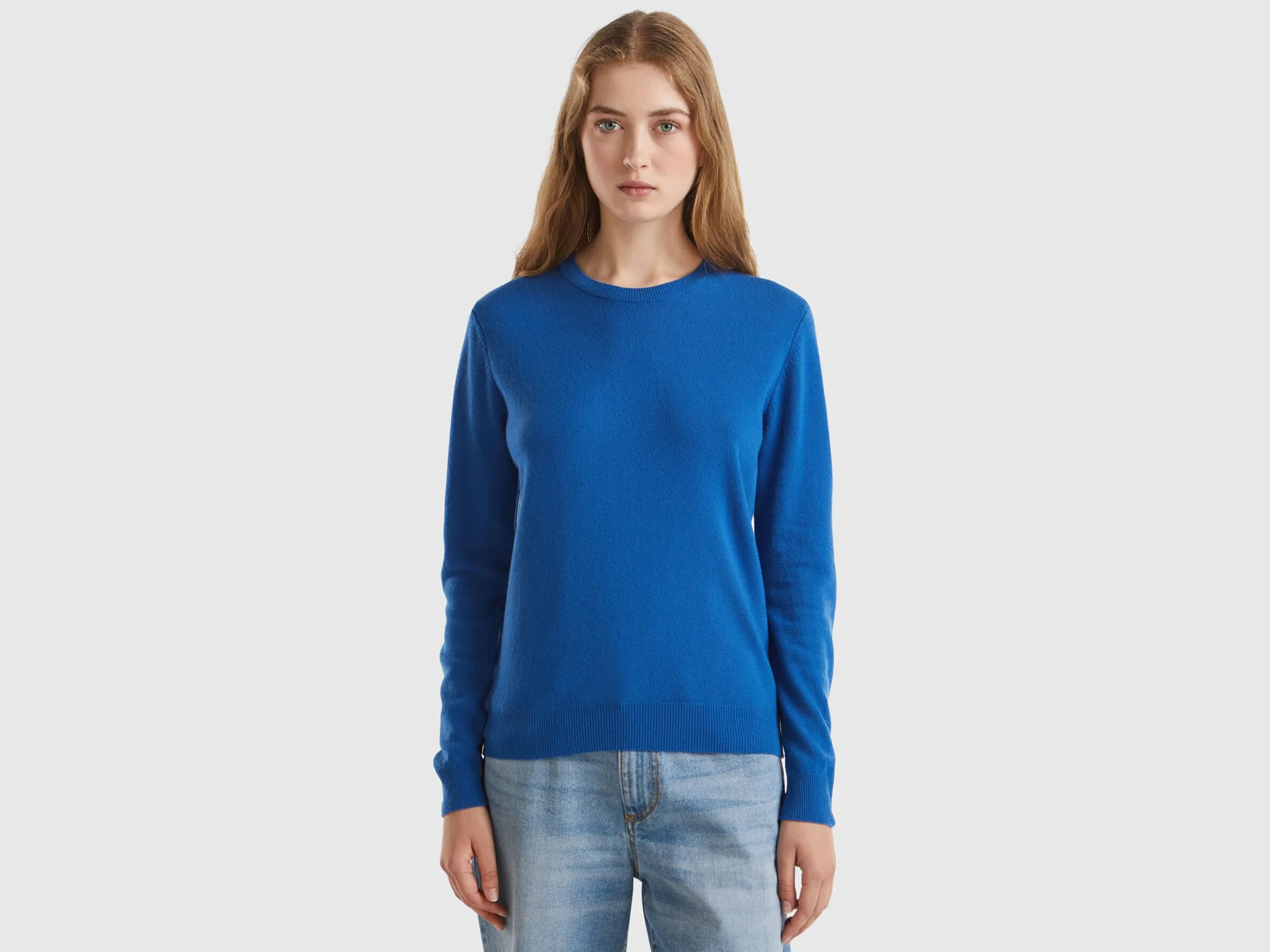 Air force blue crew neck sweater in pure Merino wool