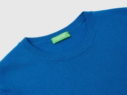 Air force blue crew neck sweater in pure Merino wool