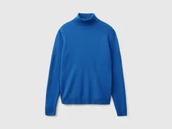 Air force blue turtleneck in pure Merino wool