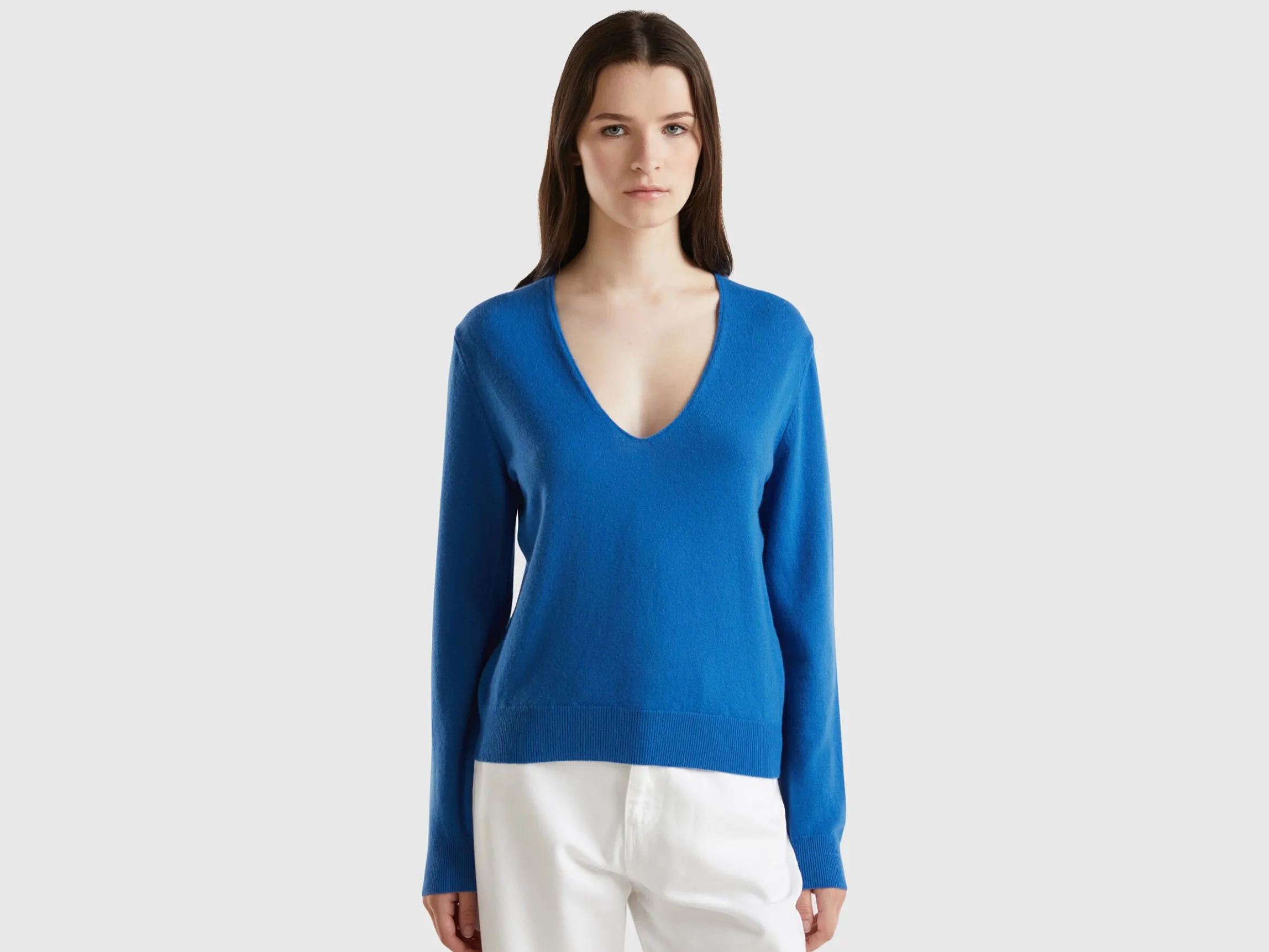 Air force blue V-neck sweater in pure Merino wool