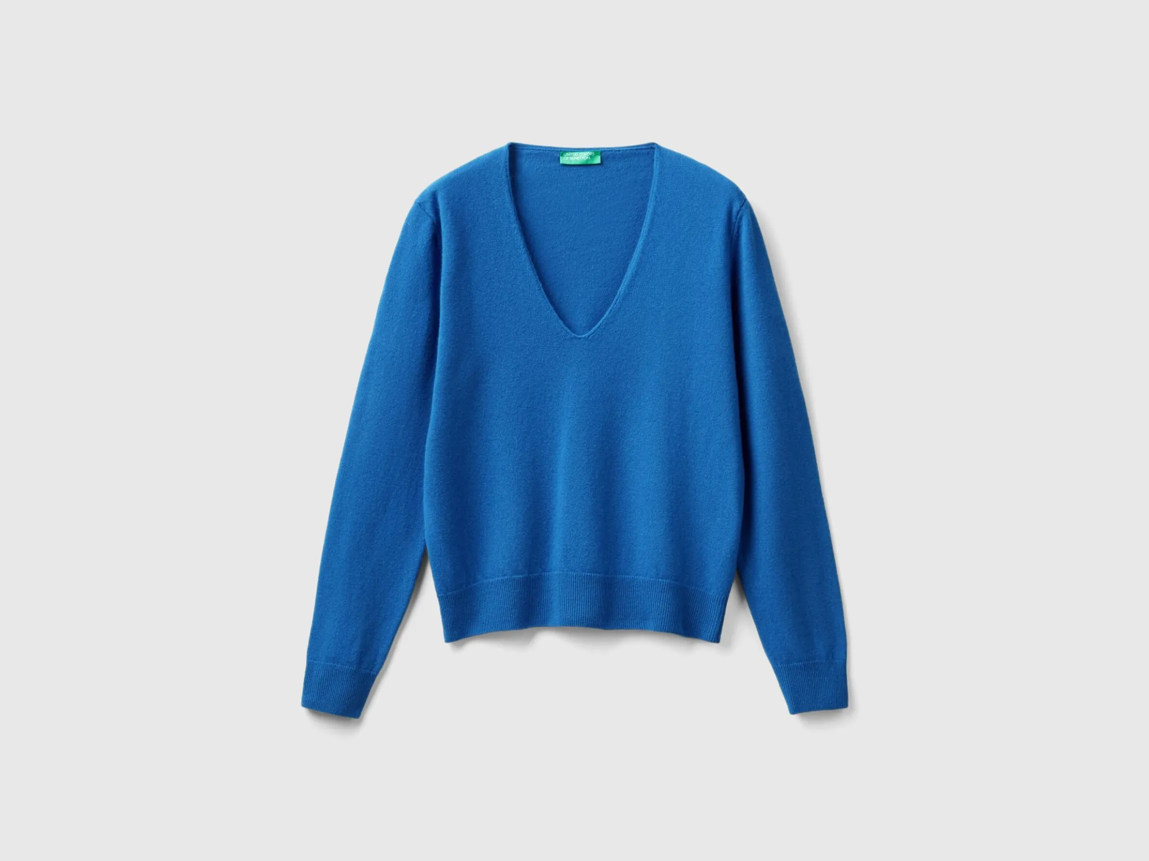 Air force blue V-neck sweater in pure Merino wool