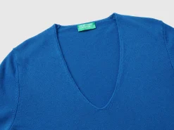 Air force blue V-neck sweater in pure Merino wool