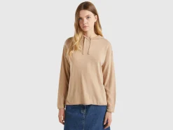 Beige cashmere blend sweater with hood