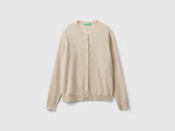 Beige crew neck cardigan in pure Merino wool