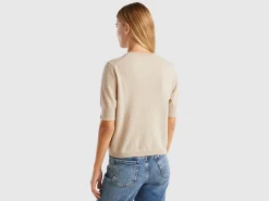 Beige short sleeve sweater in pure Merino wool