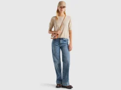 Beige short sleeve sweater in pure Merino wool