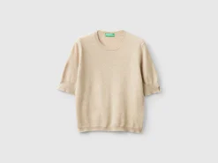 Beige short sleeve sweater in pure Merino wool