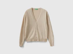 Beige V-neck cardigan in pure Merino wool