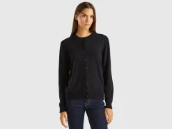 Black crew neck cardigan in pure Merino wool