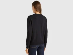 Black crew neck cardigan in pure Merino wool