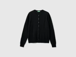 Black crew neck cardigan in pure Merino wool