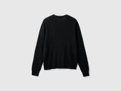 Black crew neck cardigan in pure Merino wool
