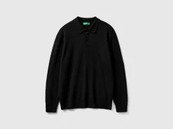 Black polo in pure Merino wool