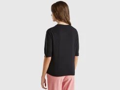 Black short sleeve sweater in pure Merino wool