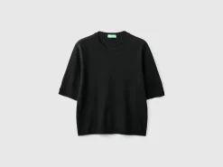 Black short sleeve sweater in pure Merino wool