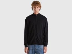 Black zip-up cardigan in pure Merino wool