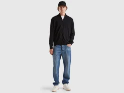 Black zip-up cardigan in pure Merino wool