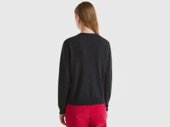 Charcoal gray crew neck cardigan in pure Merino wool