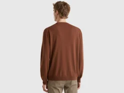 Coffee crew neck sweater in pure Merino wool