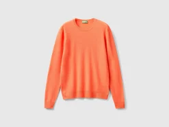 Coral red crew neck sweater in pure Merino wool