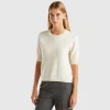 Cream short sleeve sweater in pure Merino wool