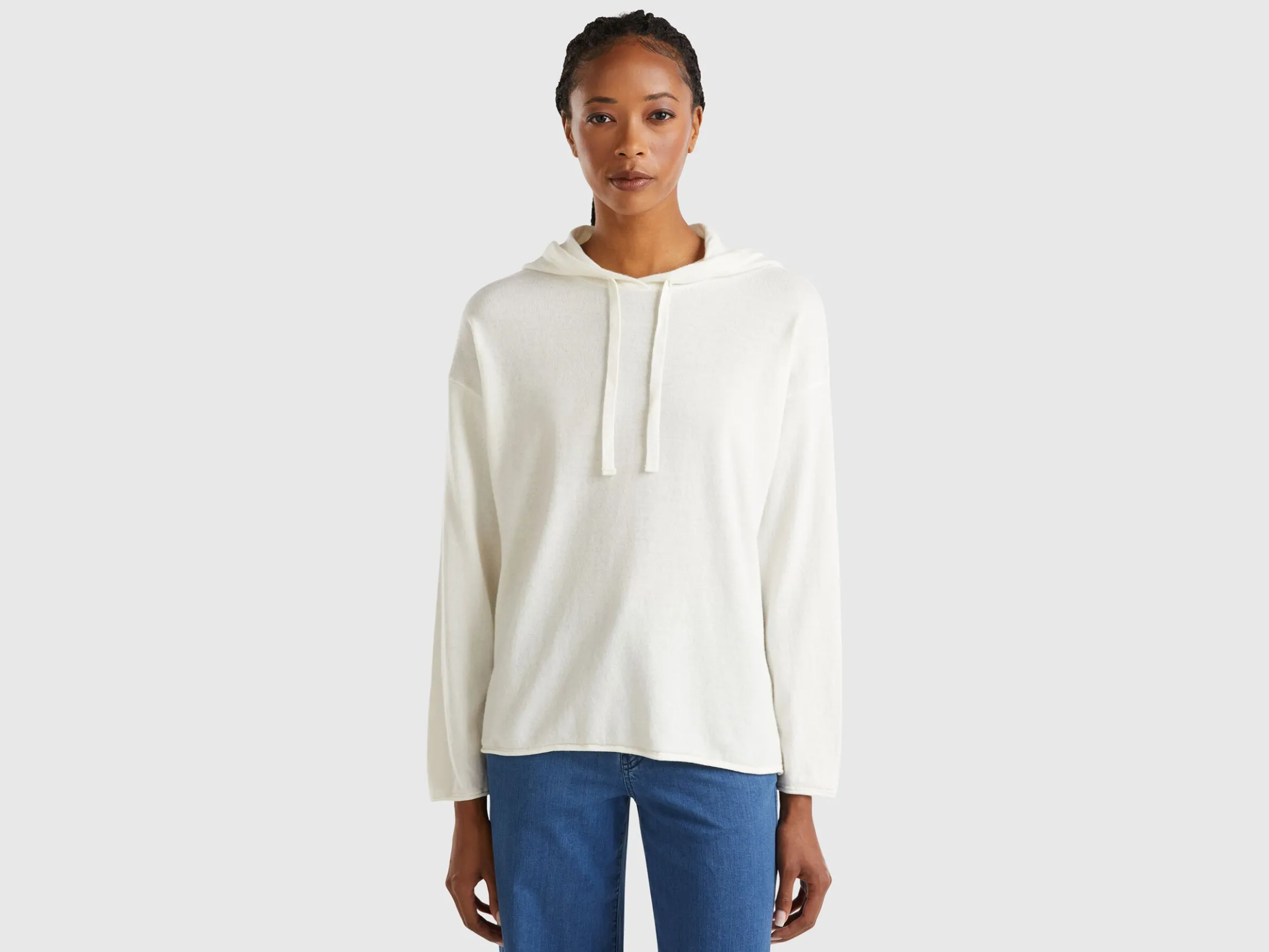 Cream white cashmere blend sweater with hood