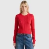 Cropped sweater with cable knit and perforations