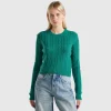 Cropped sweater with cable knit and perforations