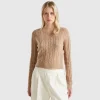 Cropped sweater with cable knit and perforations