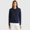 Dark blue crew neck cardigan in pure Merino wool