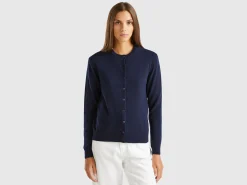 Dark blue crew neck cardigan in pure Merino wool