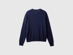 Dark blue crew neck cardigan in pure Merino wool