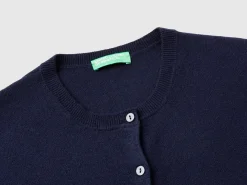 Dark blue crew neck cardigan in pure Merino wool