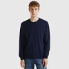 Dark blue crew neck sweater in pure Merino wool