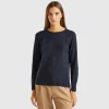 Dark blue crew neck sweater in cashmere and wool blend