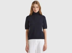 Dark blue short sleeve turtleneck in cashmere blend