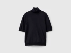 Dark blue short sleeve turtleneck in cashmere blend