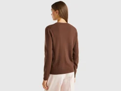 Dark brown crew neck cardigan in pure Merino wool