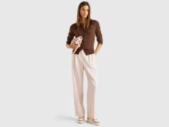 Dark brown crew neck cardigan in pure Merino wool