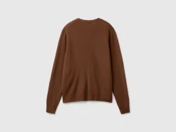 Dark brown crew neck cardigan in pure Merino wool