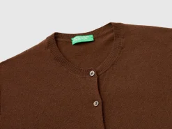 Dark brown crew neck cardigan in pure Merino wool