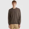 Dark brown crew neck sweater in pure Merino wool