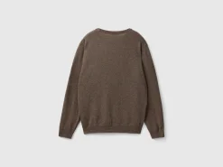Dark brown crew neck sweater in pure Merino wool