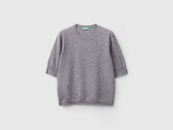 Dark gray short sleeve sweater in pure Merino wool