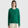 Forest green crew neck cardigan in pure Merino wool
