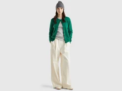 Forest green crew neck cardigan in pure Merino wool