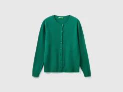 Forest green crew neck cardigan in pure Merino wool