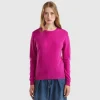 Fuchsia cyclamen crew neck sweater in pure Merino wool